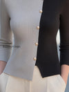 colorblock-asymmetric-button-front-ribbed-knit-top