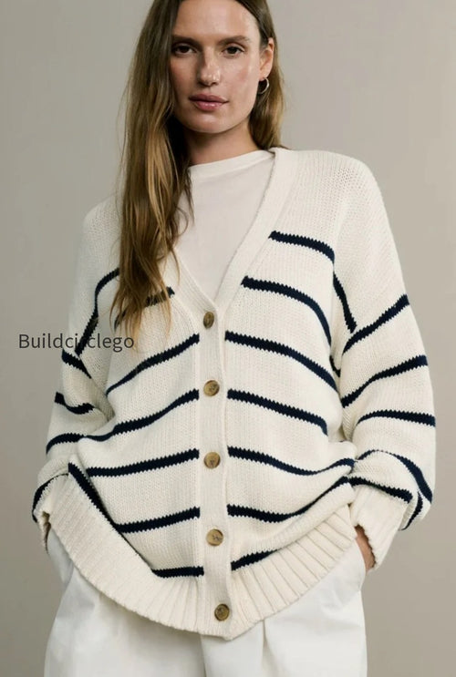 Cotton Stripe V Neck Cardigan